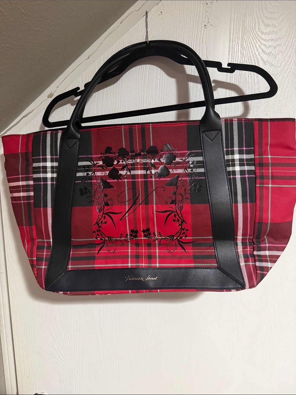 Victoria's Secret Red Plaid Tote with Black Trim and Floral Detail